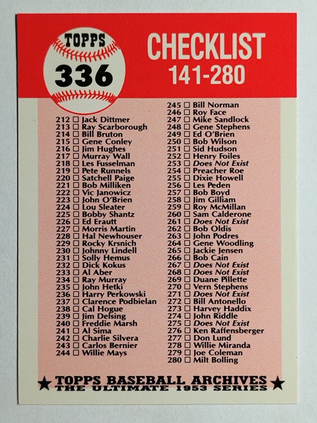 1991 Topps Archives '53 #336 Checklist 141-280