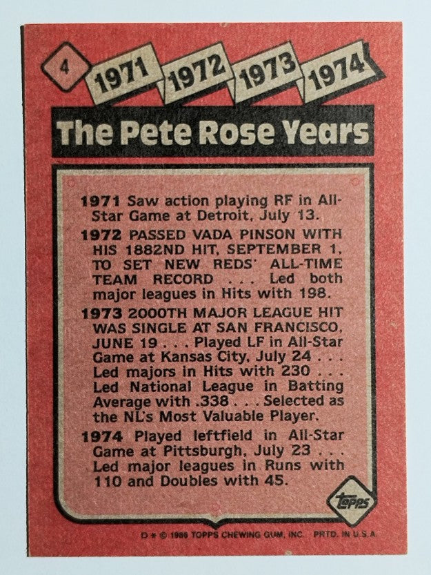 1986 Topps #4 Pete Rose Special: '71-'74