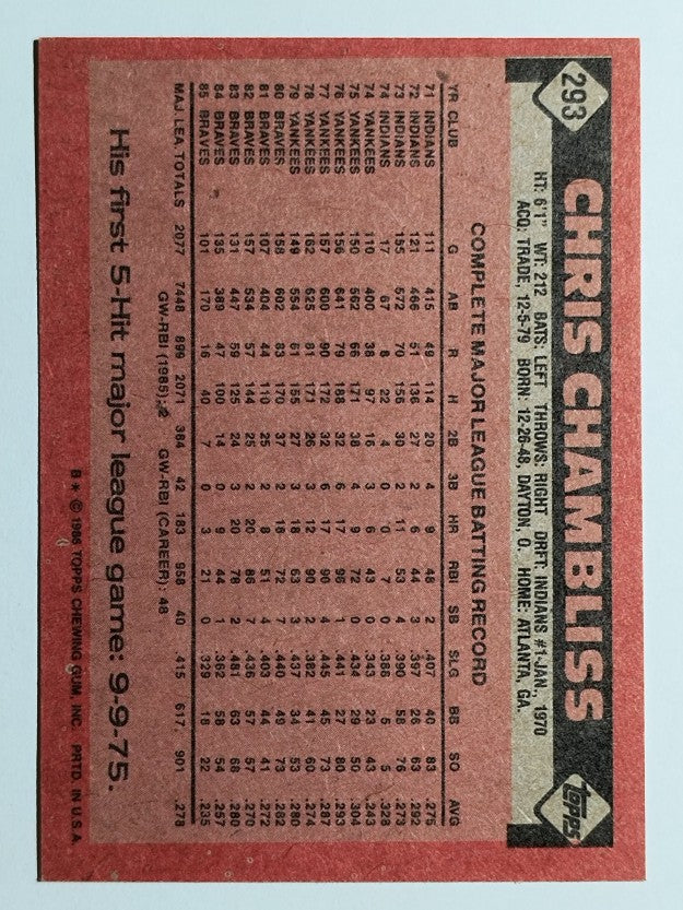 1986 Topps #293 Chris Chambliss