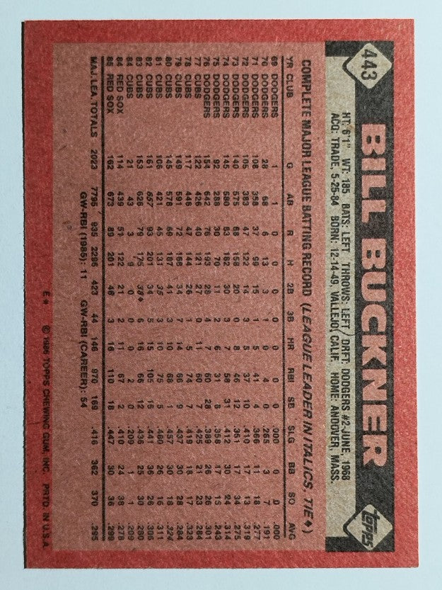 1986 Topps #443 Bill Buckner
