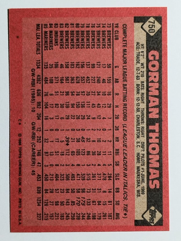 1986 Topps #750 Gorman Thomas