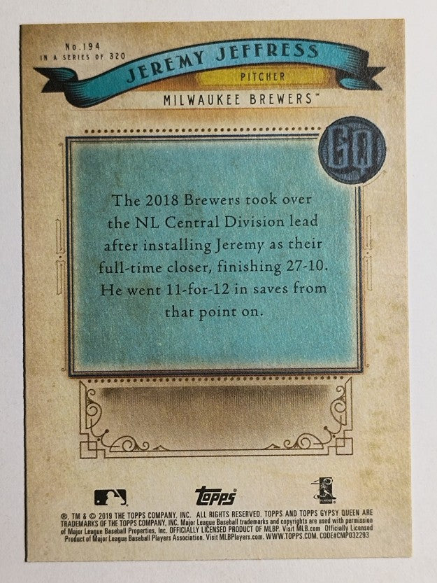 2019 Topps Gypsy Queen #194 Jeremy Jeffress