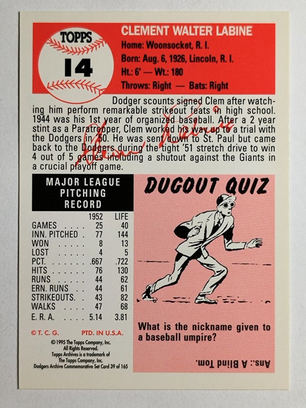 1995 Topps Archives Brooklyn Dodgers #39 Clem Labine