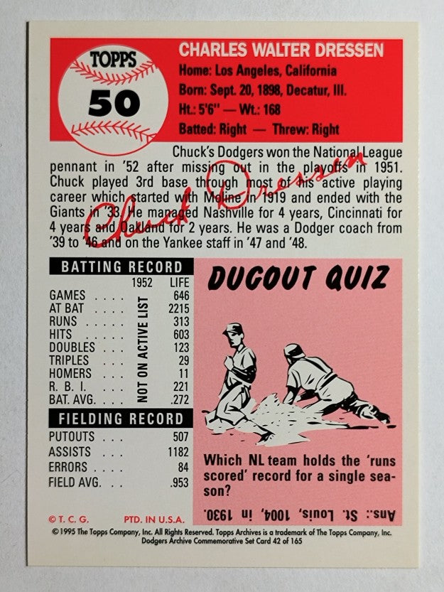 1995 Topps Archives Brooklyn Dodgers #42 Chuck Dressen MG