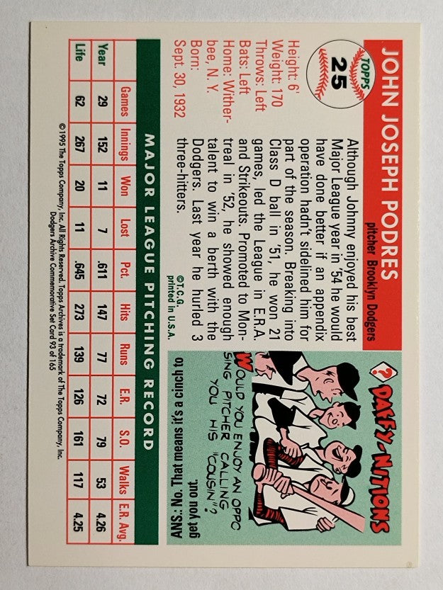 1995 Topps Archives Brooklyn Dodgers #93 Johnny Podres