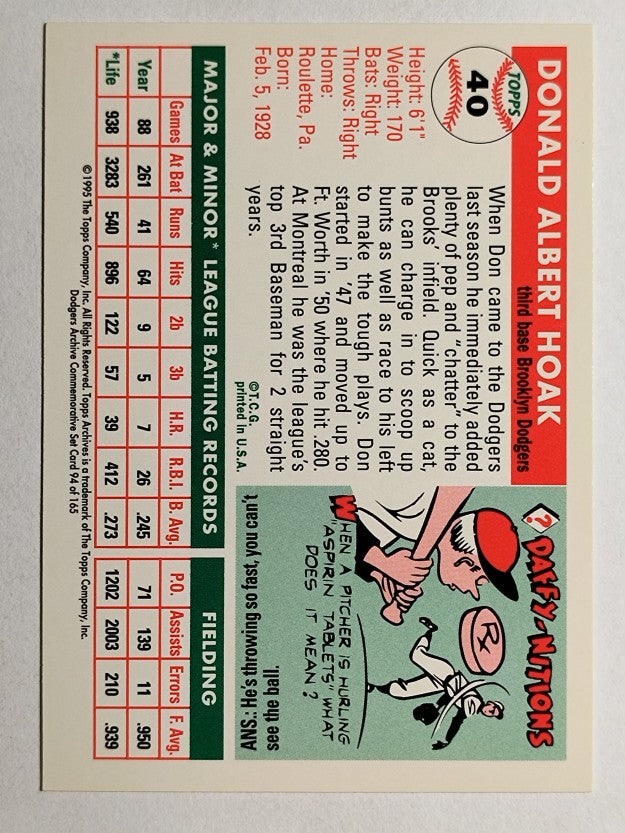 1995 Topps Archives Brooklyn Dodgers #94 Don Hoak