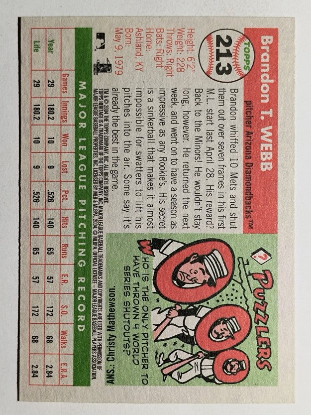 2004 Topps Heritage #213A Brandon Webb Glove Chest