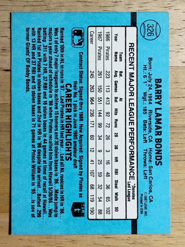 1988 Donruss #326 Barry Bonds