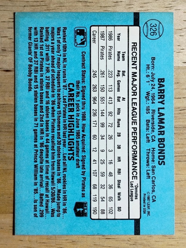 1988 Donruss #326 Barry Bonds