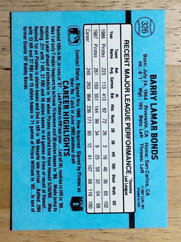 1988 Donruss #326 Barry Bonds