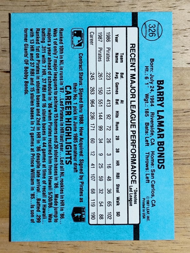 1988 Donruss #326 Barry Bonds