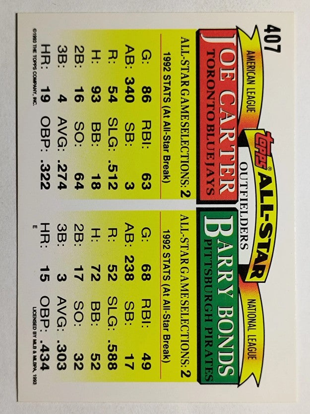 1993 Topps #407 Barry Bonds/Joe Carter AS