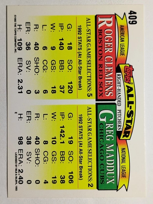 1993 Topps #409 Greg Maddux/Roger Clemens AS
