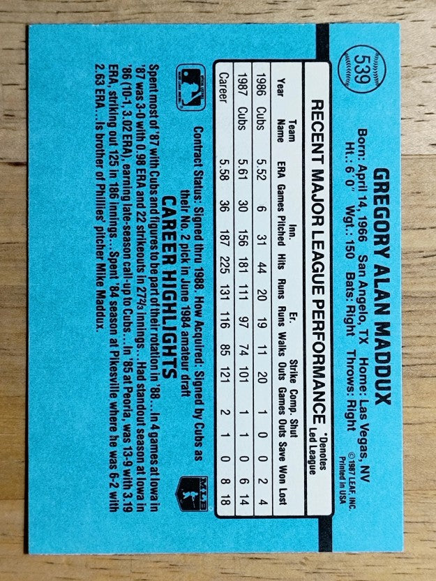 1988 Donruss #539 Greg Maddux