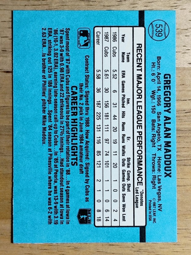 1988 Donruss #539 Greg Maddux