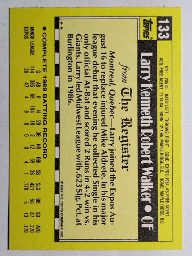 1990 Topps Debut '89 #133 Larry Walker