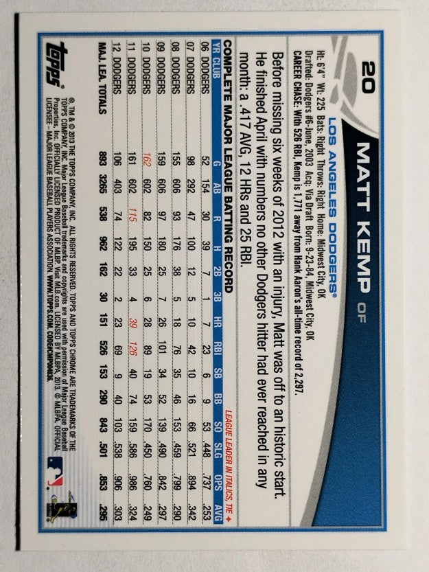 2013 Topps Chrome #20A Matt Kemp