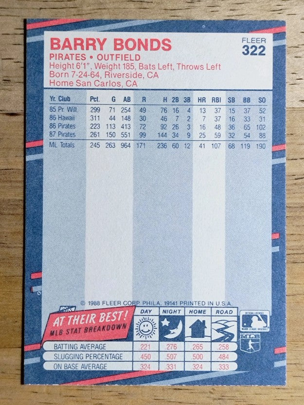 1988 Fleer #322 Barry Bonds