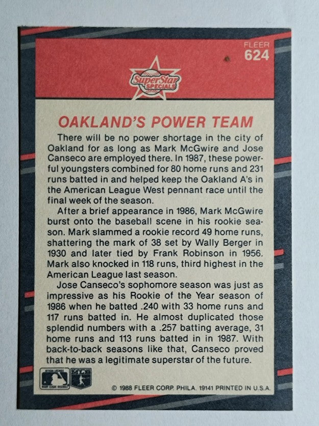 1988 Fleer #624 Mark McGwire/Jose Canseco