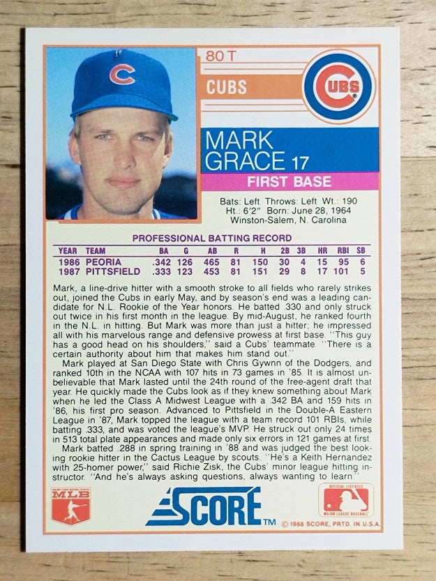 1988 Score Rookie/Traded #80T Mark Grace XRC