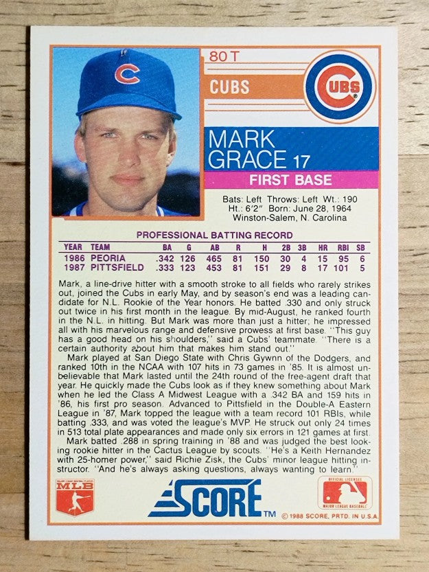 1988 Score Rookie/Traded #80T Mark Grace XRC