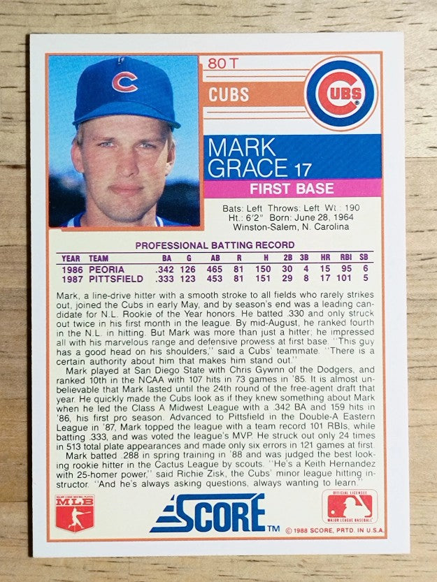 1988 Score Rookie/Traded #80T Mark Grace XRC