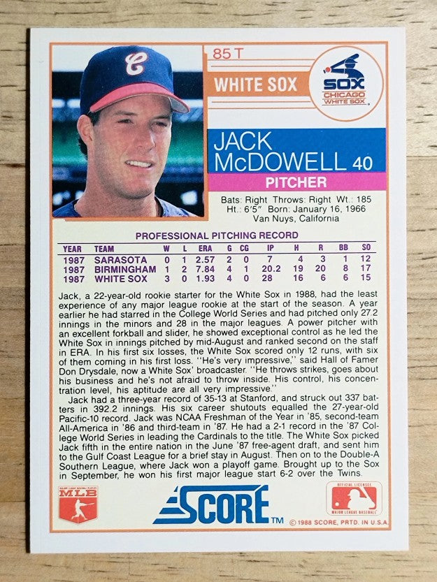 1988 Score Rookie/Traded #85T Jack McDowell XRC