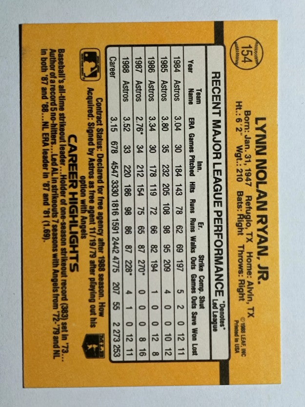 1989 Donruss #154 Nolan Ryan