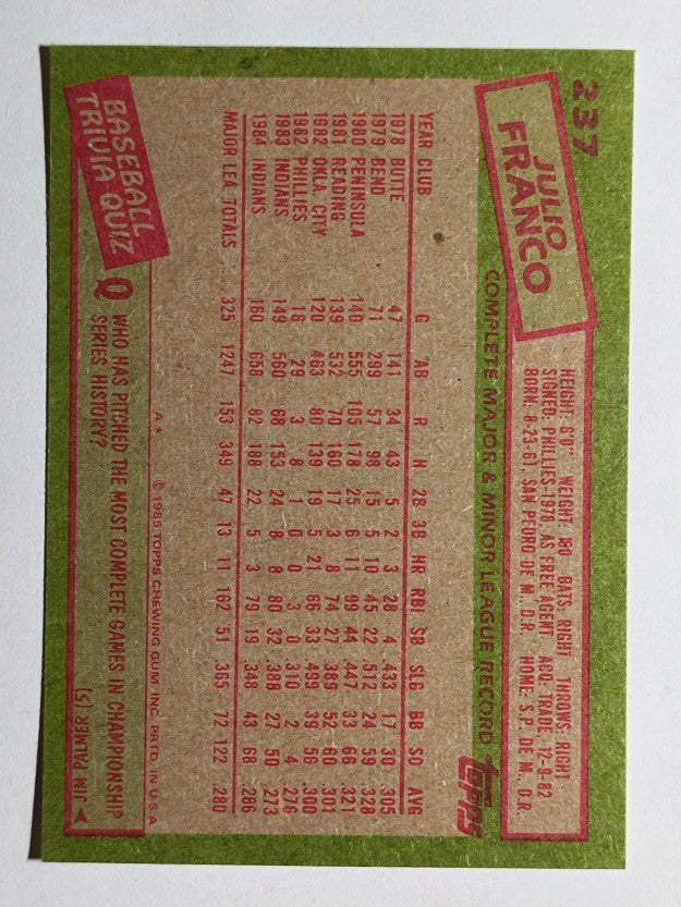 1985 Topps #237 Julio Franco