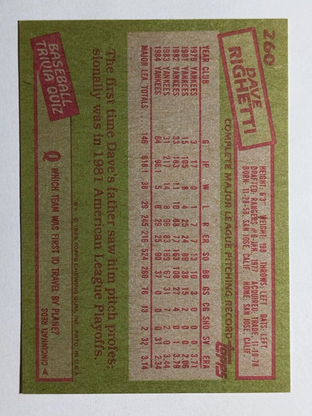 1985 Topps #260 Dave Righetti