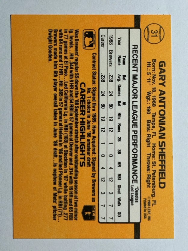 1989 Donruss #31 Gary Sheffield RR RC