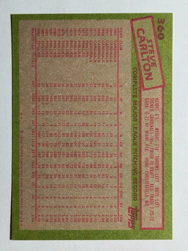 1985 Topps #360 Steve Carlton