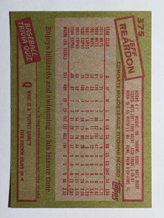 1985 Topps #375 Jeff Reardon