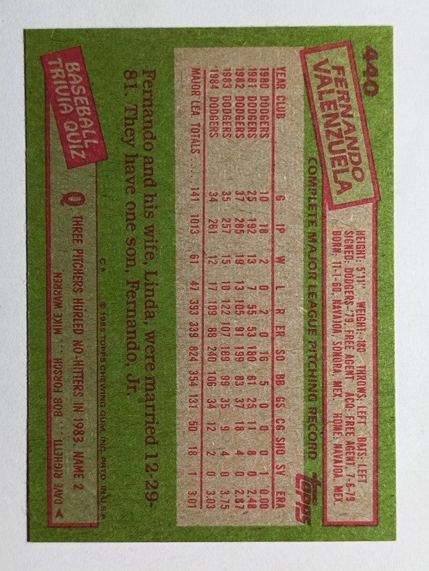1985 Topps #440 Fernando Valenzuela