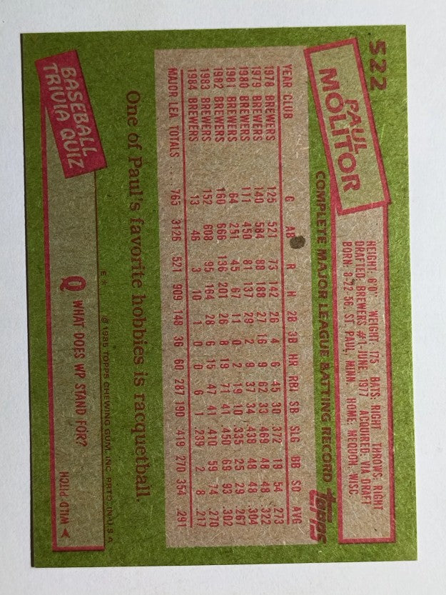 1985 Topps #522 Paul Molitor