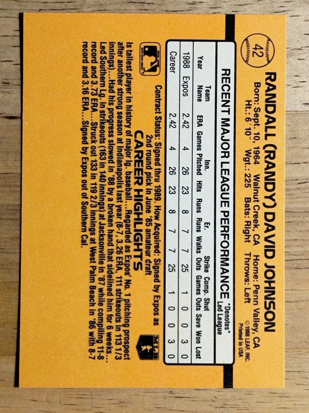 1989 Donruss #42 Randy Johnson RC RR