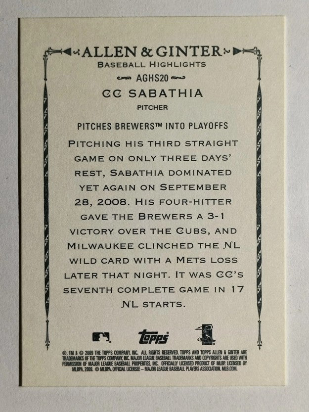 2009 Topps Allen and Ginter Baseball Highlights #AGHS20 CC Sabathia