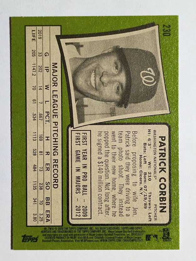 2020 Topps Heritage #230 Patrick Corbin
