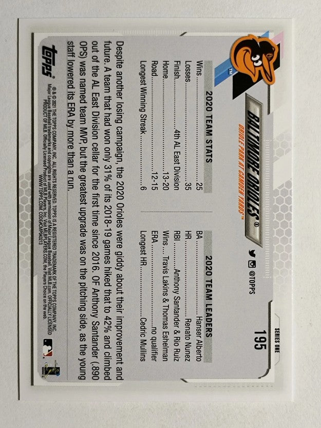 2021 Topps #195 Baltimore Orioles TC