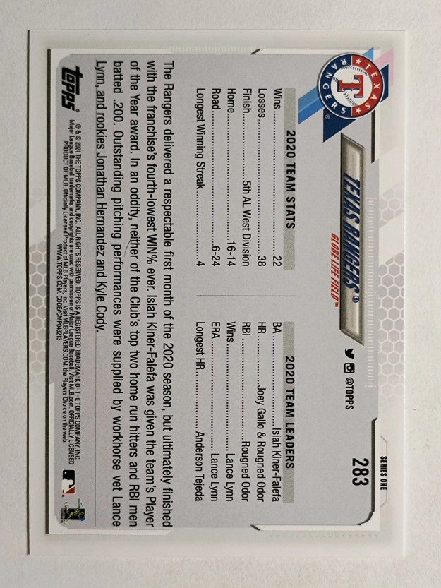 2021 Topps #283 Texas Rangers TC