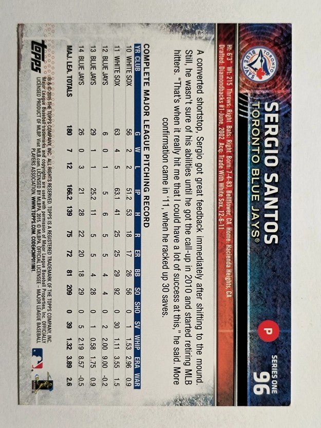 2015 Topps Toys R Us Purple Border #96 Sergio Santos