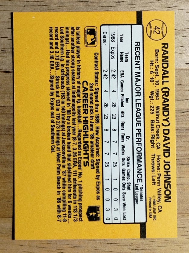 1989 Donruss #42 Randy Johnson RC RR