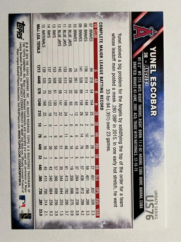 2016 Topps Update #US76 Yunel Escobar