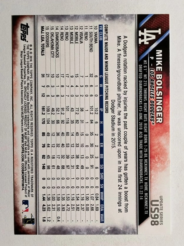 2016 Topps Update #US98 Mike Bolsinger