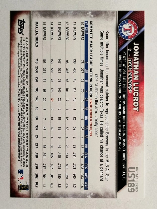 2016 Topps Update #US189 Jonathan Lucroy