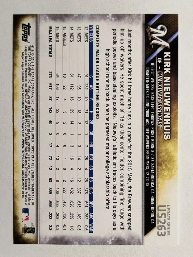 2016 Topps Update #US263 Kirk Nieuwenhuis