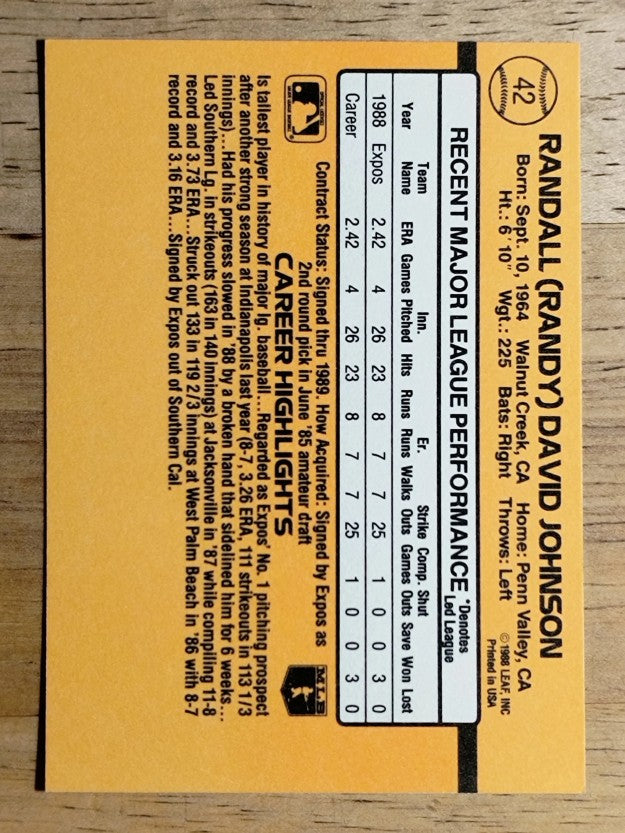 1989 Donruss #42 Randy Johnson RC RR
