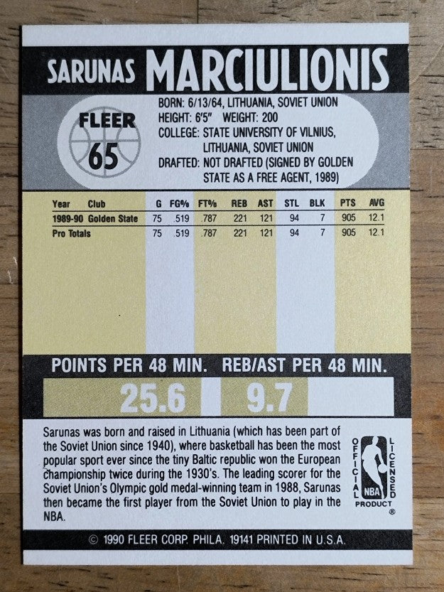 1990-91 Fleer #65 Sarunas Marciulionis RC