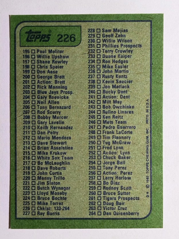 1982 Topps #226 Checklist 133-264