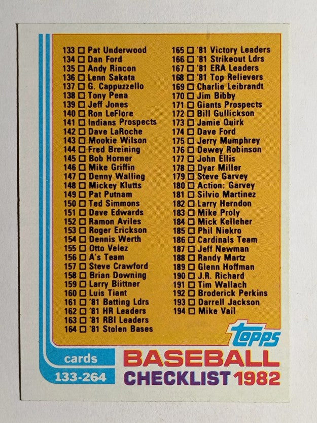 1982 Topps #226 Checklist 133-264